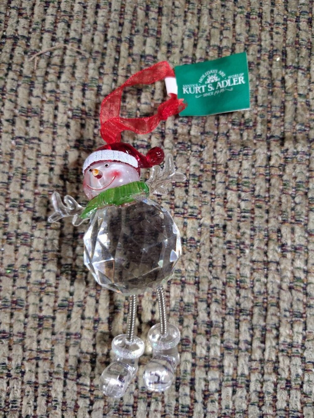 KURT ADLER Clear Acrylic Feet On Springs Snowman Christmas Tree Ornaments 4"